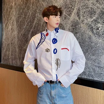Muži Tlač Dlhý Rukáv Príležitostné Voľné Košele Muž Kórea Japonsko Štýl Streetwear Biele Košele