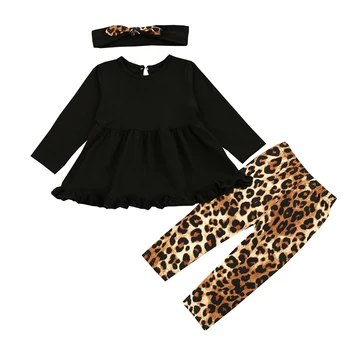 Móda Deti Baby Girl Sady Volánikmi Dlhý Rukáv Top+Leopard Nohavice+hlavový most 3ks Dieťa Dievča Oblečenie Jeseň, Jar Oblečenie 0-4Y