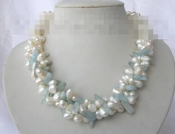 3strands biela barokový sladkovodné perly akvamarín náhrdelník