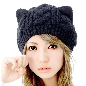 Mačka uši ženy klobúk pevný pletený Zimné čiapky vlnené čiapky čiapky háčkovanie trendy kapoty roztomilý žien spp gorros mujer invierno