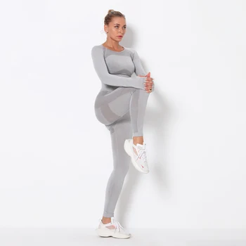 Dlhý rukáv bezšvíkové jogy sada pre ženy cvičenie bezšvíkové legíny otvorte zadný jóga top fitness telocvični oblečenie telocvičňa vyhovuje
