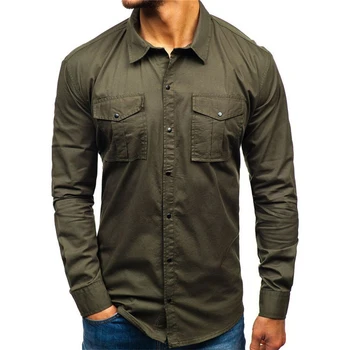 2020 Nové Mužov Vojenské tričko Jeseň Bežné muž tričko bavlna Vojenské Nákladné Slim Tlačidlo Pevné tričko s dlhým rukávom mužov Vrecku Košele