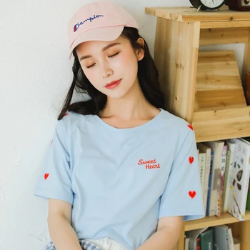 Harajuku T shirt Ženy Lete Bavlna Láska Srdce Výšivky Tričko Preppy Štýl Bežné kórejské Oblečenie O-krku Kawaii Topy Tumblr