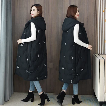2020 Zimné nový kórejský štýl dole čalúnená vesta ženy maxi dlhý kvetinové výšivky bez rukávov s kapucňou čalúnená vestu v 5XL