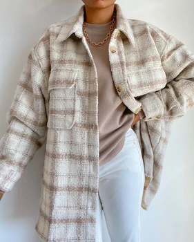 ZXQJ Vintage Ženy Mäkké Tweed Košele 2021 Jar-Jeseň Fashion Dámske Elegantné Voľné Blúzky Streetwear Dievčatá Nadrozmerná Outwear