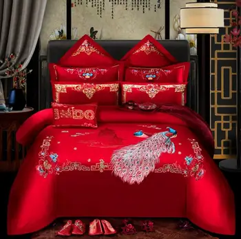 Luxusné Zlaté Phoenix Loong Výšivky posteľná bielizeň Nastaviť Čínsky Štýl, Svadobné Čistej Bavlny Červená Perinu Posteľ list Bielizeň, obliečky na Vankúše