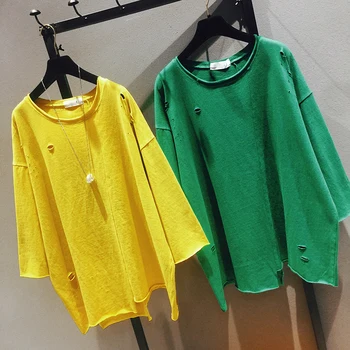 2020 Otvory Tričko Nové Jarné Ženy kórejský Štýl Voľné Jednoduché Kolo Krku Otvor T-shirt Long Sleeve Tee Voľný čas Doma Top pre Dievčatá