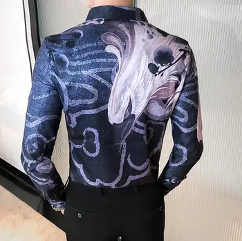 Luxusný Britský Štýl Dlhý Rukáv Mužov Košele 2020 3D Tlač Slim Fit Muž Bežné Tričko nočný klub Etapy Sociálnej Streetwear Camisas
