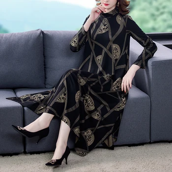 2020 Vintage Voľné Black Print Maxi Šaty Jeseň Zima Bežné 4XL Plus Veľkosť Midi Šaty Elegantné Bodycon Ženy Strany Vestidos