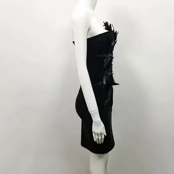 Jedinečné Módne Star Perie Dizajn Mini Čierne Šaty Bez Ramienok Celebrity Strany Klubu Šaty Vestido