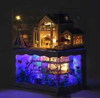 Diy Ručne vyrábané Drevené Celkom Havaj Model Doll House s protiprachovým krytom Krásne Acousto-optické Chata Dar Lásky