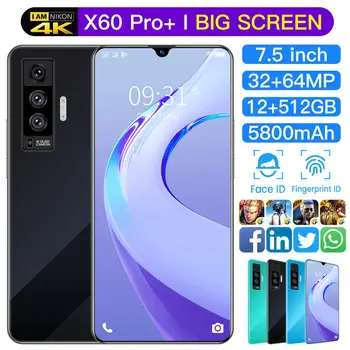 Nové X60 PRO 7.5 Palcový Veľký Displej Andriod Chytrý Telefón 128/256 GB Tvár ID Sual SIM+Micro SD Karta 10 Core 5800mAh Mobilný Telefón MTK6598