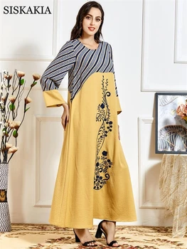Siskakia Elegantné Etnických Výšivky Maxi Šaty pre Ženy Jeseň 2020 Plus Veľkosť O Krk Dlhý Rukáv arabské Moslimské Oblečenie Turecko