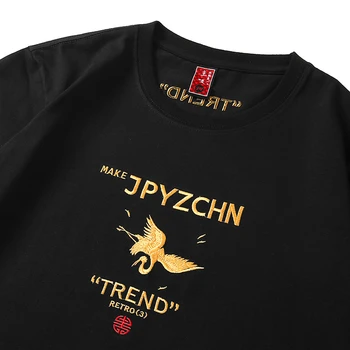 Lyprerazy Čínsky štýl, Krátky Rukáv T-shirt Mužov Zlaté Výšivky Trend Žeriav Vyšívané Hip Hop Topy