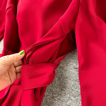 Jeseň Dlhý Rukáv pás Šaty Žien námestie golier Elegantný retro Midi Šaty Lady lístkového rukáv Ležérne Oblečenie 2020 Šaty