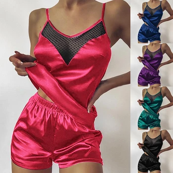 Ženy Lete Sleepwear Sexy Pajama Nastaviť Pevný Nastaviteľný Popruh Cami Top Šortky Saténové Pyžamo Voľné Ženský Odev Vyhovuje 2021