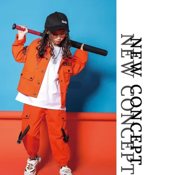 Dieťa Cool Hip Hop Oblečenie Vrecká Orange Bunda vrchný Náter Beží Bežné Cargo Nohavice pre Dievčatá Chlapci Jazz Tanečných Kostýmov, Šiat