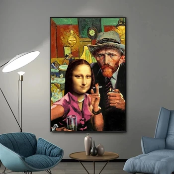 Zábavné Umenie Mona Lisa a Van Gogh Fajčenie Plátne, Obrazy na Stenu Umenie Plagáty a Vytlačí Da Vinci Slávne Obrazy pre Obývacia Izba