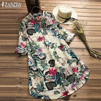 ZANZEA 2021 Kvetinový Tričko Oblečenie dámske Sundress Bežné Tlačených Topy Tlačidlo Tunika Vestidos Kaftan Žena Župan Blusas Plus Veľkosť 5XL