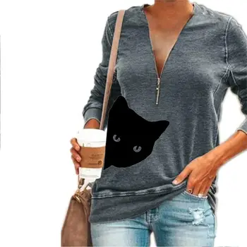 Vysoko Kvalitné Ženy Kreslených Mačka Tlače Tričko Pol Zips tvaru Sexy Pulóver Topy Lady Plus Veľkosť Dlho Puzdre Hrubé T-shirts