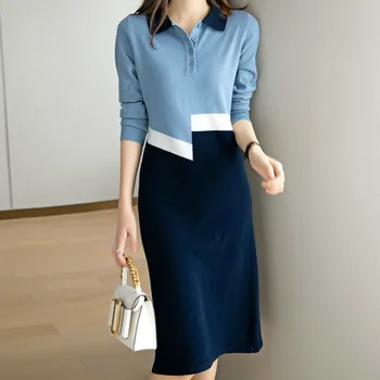 Jeseň kórejský Šaty Žena Svetre Elegantné Patchwork Hit Farba Pletený Polo Šaty s dlhým rukávom Bežné Slim Práce Midi Vestidos