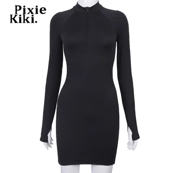 PixieKiki Zips, Dlhý Rukáv Bodycon Mini Šaty Jeseň Oblečenie pre Ženy 2020 Módy Sexy Klubu Nosiť Športový Čierne Šaty P85-BC18