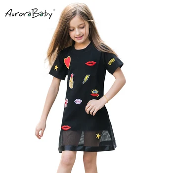 AuroraBaby Dievčatá Šaty Black Roztomilý Výšivky Nášivka Šaty Na Leto, Jeseň Deti, detské Oblečenie veľkosti 6-16T Strany