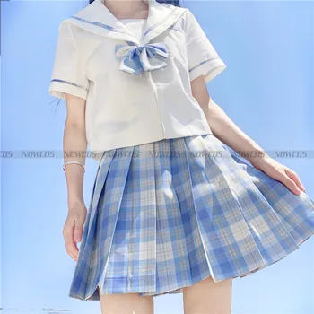 [Ice Cream] Formálne JK Školskú Uniformu Japonských Študentov Dievča, Krátky rukáv, Vysoký Pás Fialová Koberčeky Skladaný Sukne Ženy Šaty