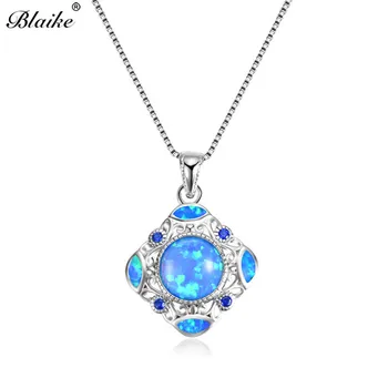 Blaike Blue Fire Opal Námestie Duté Prívesky, Náhrdelníky Pre Ženy Vintage Šperky, Strieborné Farba Birthstone Náhrdelník