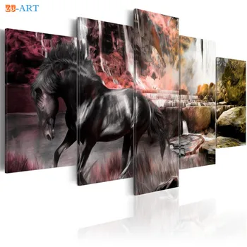 Kôň Vytlačí Waterfull Plagát Plátno Umenia 5 Kusov Prírody, Zvierat Nástenné Maľby Modulárny Obrázky pre Spálne Domova
