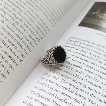 Louleur 925 Sterling Silver Black Achát Vintage Krúžky Jednoduché Retro Dizajn Osobnosti Wild Prstene pre Ženy Charms Jemné Šperky