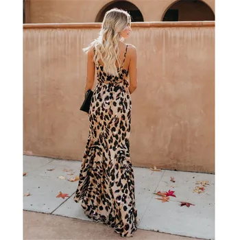 Echoine Strany Elegantné Šaty Žien Leopard Tlač Špagety Popruhy Bez Rukávov Maxi Prehrabať Asymetrické Lem Lady Highstreet Oblečenie