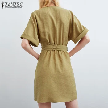Elegantné Tričko Oblečenie dámske Letné Sunderss ZANZEA 2021 Bežné V Krku Mini Vestidos Žena Tlačidlo Tunika Župan Pás Plus Veľkosť 5XL