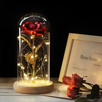 Wonderlife Kráska A Zviera Red Rose V pohári Dome Na Drevený podklad Pre valentínske Darčeky LED Rose Lampy Vianoce