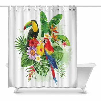 Tropické Leto Papagáj, Toucan, Palmové Listy a Exotických Kvetov Polyester Textílie Kúpeľni Sprchový Záves Dlhé