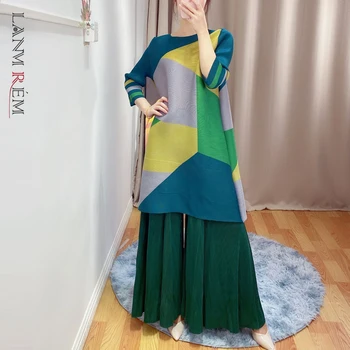 LANMREM jeseň záhyby šiat famale 2021 Voľné Žien skladaný šaty veľkosť tenký farebný blok patchwork printted šaty 2A024