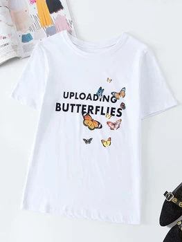 BIAORUINA Žien Motýľ Vytlačené Bežné Bavlnené tričko Krátky Rukáv Žena Letné Kolo Krku Bežné Tees Topy