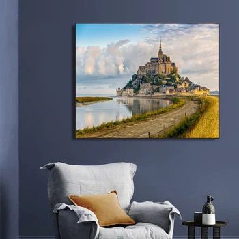 Mount-Saint-Michel a v jeho Bay Stenu Umelecké Plátno na Maľovanie Kaligrafie Plagát, Tlač Dekoratívne Obrázok pre Obývacia Izba Domova