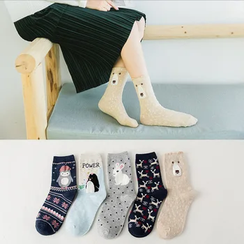 5Pairs 2019 Nové Jeseň Ženy Bavlnené Ponožky V tube Zvierat Ucho Roztomilé Ponožky Fox Bear Mäkké Cartoon Ponožky Dievča