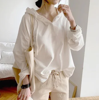 Kórejský Štýl 2021 Jar Dlhý Rukáv Biele Hoody Ladies Voľné Japonský Streetwear Bavlnené Mikiny Ženy