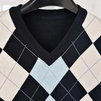ženy 2020 módne geometrické rhombic pletený sveter vesta V krku bez rukávov anglicko štýl ženy vesta elegantné topy