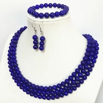 Kúzlo modrá lapis lazuli 8 mm okrúhle korálky elegantný 3 riadky módny náhrdelník náramok náušnice najlepší darček šperky set 17-19 palcový B1516