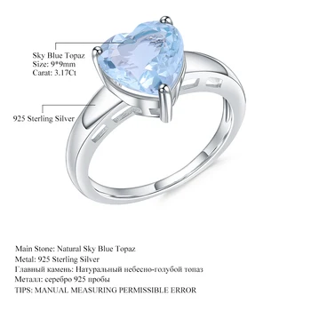 GEM BALET 3.17 Ct Prírodné Sky Blue Topaz Srdce Prstene Pre Ženy 925 Sterling Silver Klasické Drahokam, Snubné Prstene, Jemné Šperky