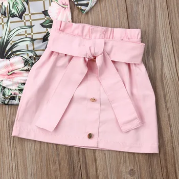 Dieťa Dieťa Dievča Oblečenie Nastaviť Kvetov Vytlačené Krátky Rukáv Romper Topy + Pink Mini Sukne Letné Oblečenie 1-4 Roky Batoľa Oblečenie