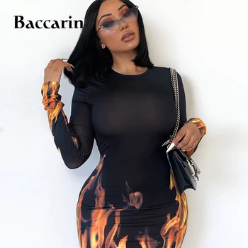 Baccarin plameň tlač ženy midi šaty bodycon sexy party festival oblečenie, streetwear 2019 jeseň zimné módne oblečenie gotický