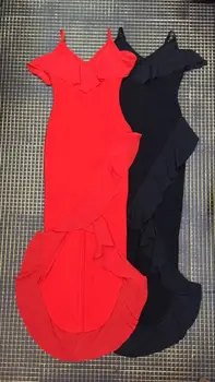 Vysoko Kvalitné Ženy Červená Sexy V Krku Black Volánikmi Dlho Maxi Šaty Návrhára Celebrity 2018 Rayon Obliekanie Elegantné Party Šaty