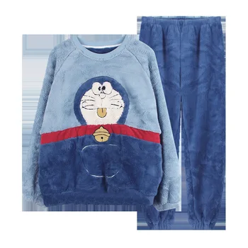Páry, pyžamá Nastaviť Cartoon Doraemon Mačka Zimné Zahustiť pyžamá ženy Sleepwear oblečenie pre voľný čas Coral Fleece Milenca pijamas Plus veľkosť