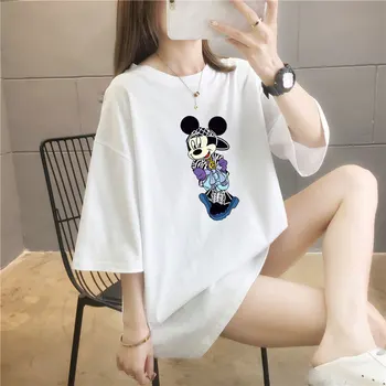 M-4XL Mickey Mouse Ženy tričká Disney Black Lete Harajuku Topy Voľné Lady Bežné Tshirts Ženské Oblečenie Cartoon Bavlna Tees
