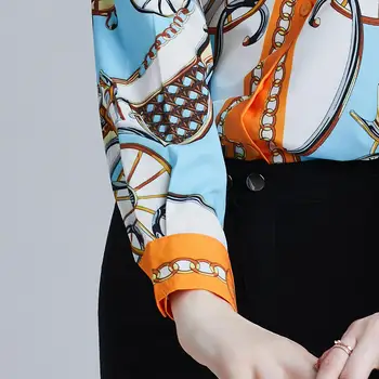Luxusné Tlač reťazca Tričko s Dlhým Rukávom Ženy Blúzky Dráhy Dizajnér Topy Dámske Office Košele Blusas Mujer De Moda 2019
