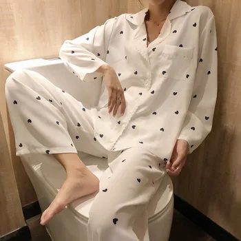 2020 žien Pajama oblek s dlhým rukávom obrátil kravatu vrecku Pajama roztomilý sexy Pajama tlačidlo hore + nohavice pajama